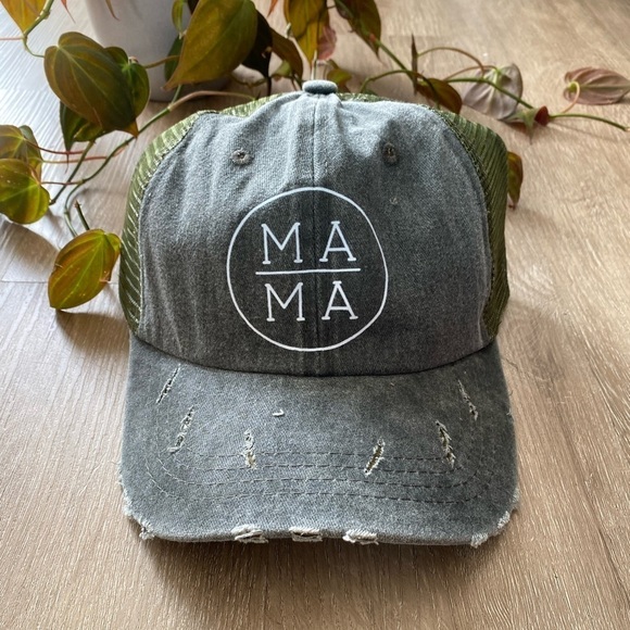 MAMA Ponytail Trucker Hat Baseball Hat Green  Distressed Vintage Wash - Picture 1 of 5